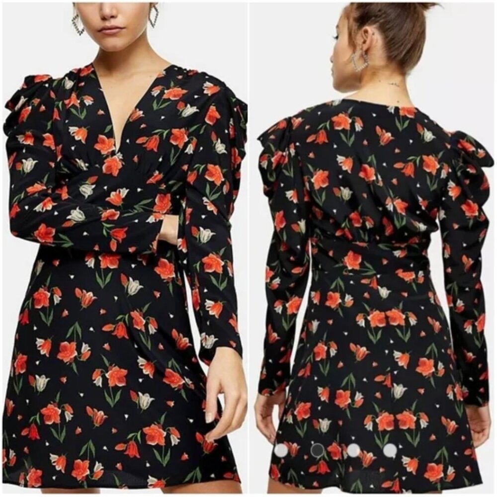 Topshop NWT tulip print ruched puff sleeve mini dress